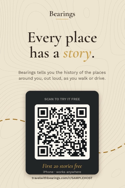 A 4 by 6 inch Bearings card for a fridge or welcome book: Every place has a story, with a QR code