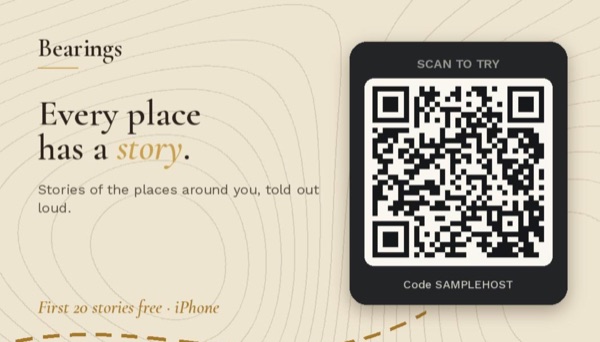 A 3.5 by 2 inch Bearings card for a key envelope, with a QR code and the partner's code