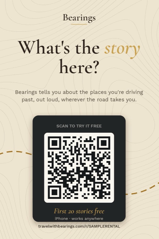A 4 by 6 inch Bearings card for a rental counter: What's the story here?, with a QR code