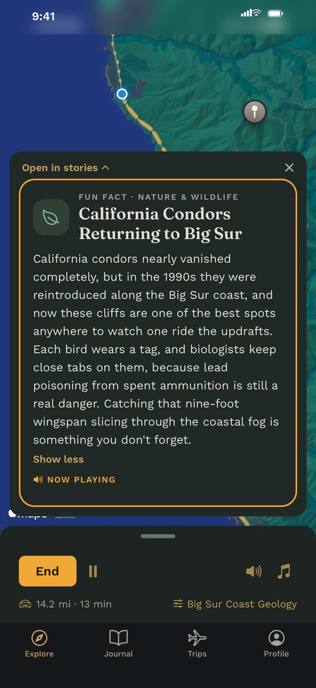 A story about California condors returning to Big Sur, over the drive's map