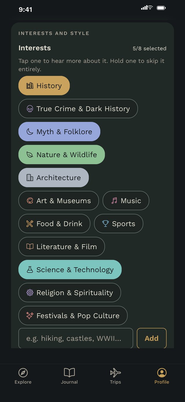 The interest picker, with History, Myth & Folklore, Nature, Architecture and Science selected