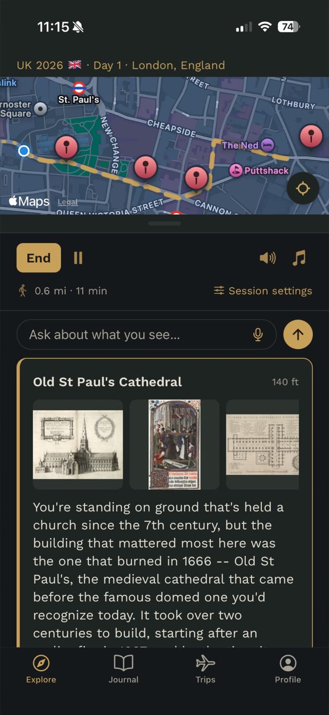 A walk in London with a story about Old St Paul's Cathedral on screen