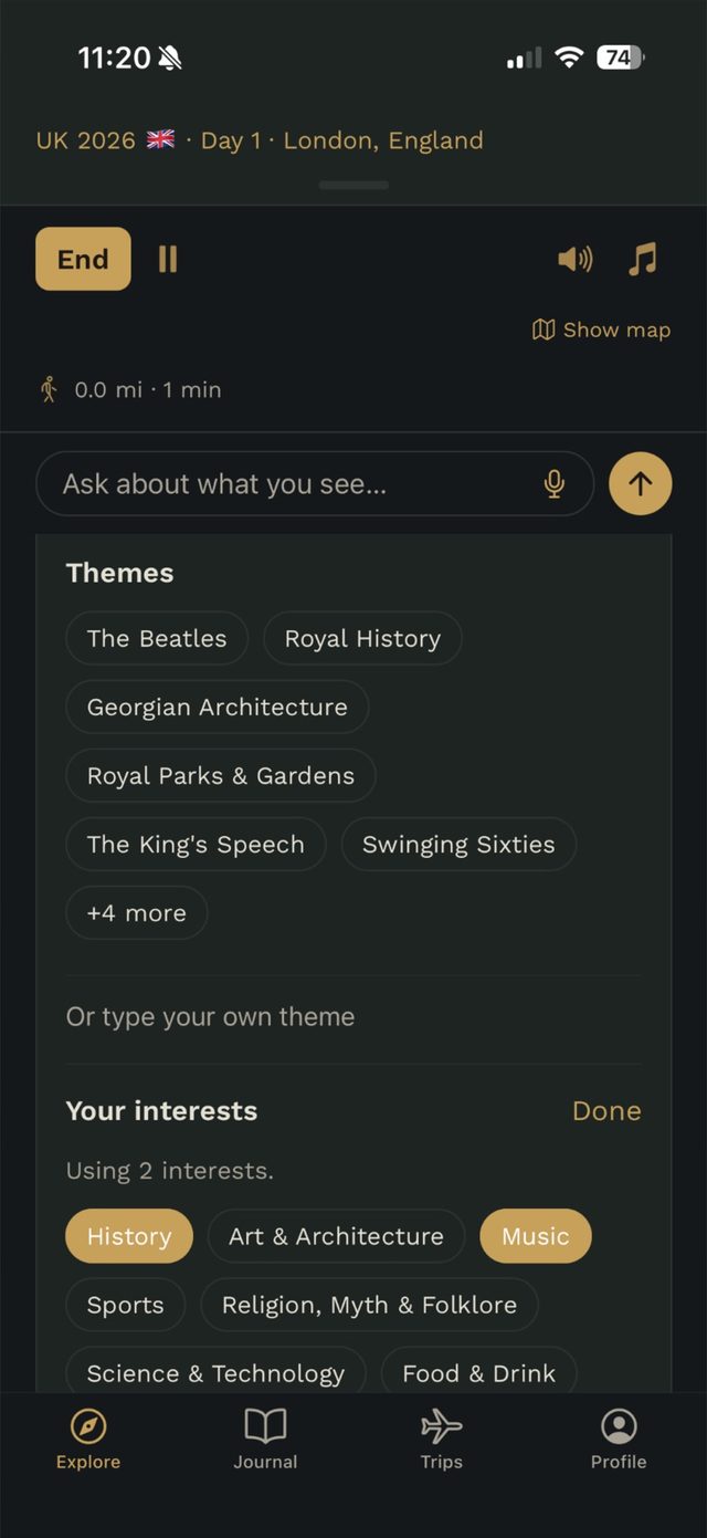 The theme and interest pickers, with History and Music selected